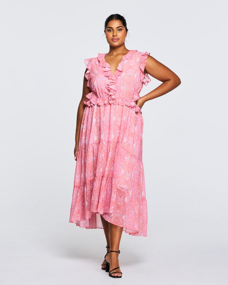 Front of a model wearing a size 1X Fiorentina Frill Dress in Print by Estelle. | dia_product_style_image_id:283534